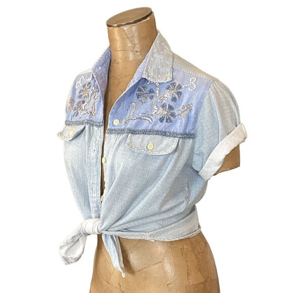 Vintage Bill Blass Button-Up Top Beaded Embroidered Striped Cotton S Blues 291B - Picture 2 of 9